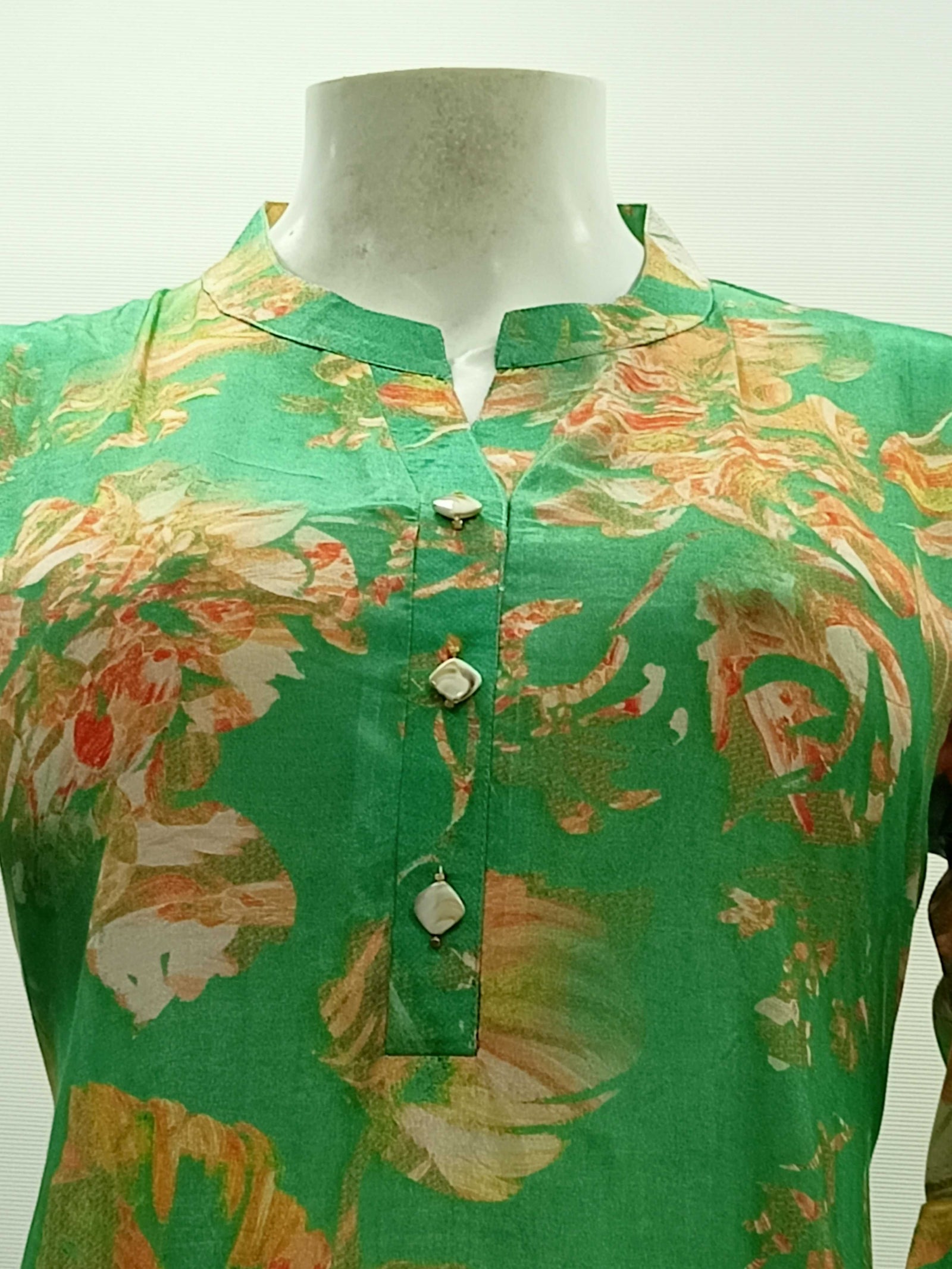 Keoshaa Printed Mandarian Collar Green Tunic Top